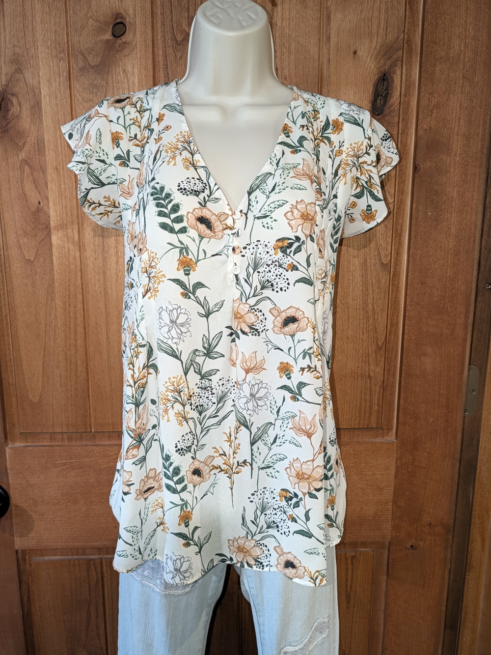 Maison D'Amelie V-Neck Flutter Sleeve Floral Blouse - White with Peach & Green